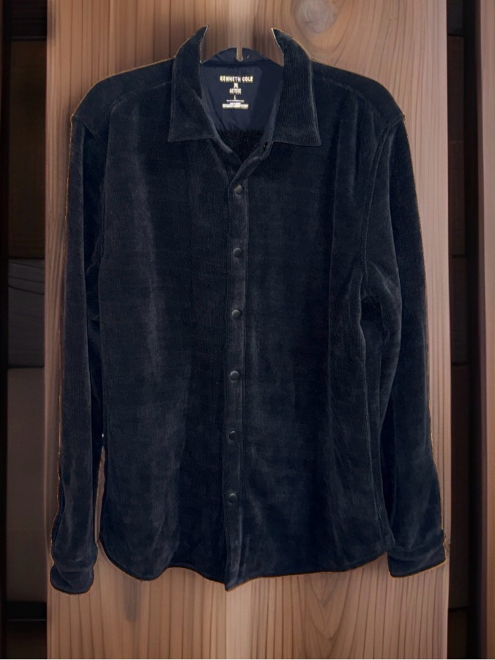 Kenneth Cole Mens Black Corduroy Snap-Front Shirt Jacket